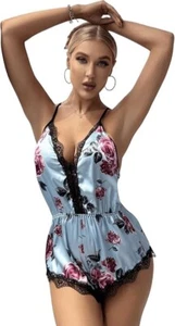 Hochglanz Satin blau Blumen Shiny Body TEDDY PLAYSUIT Strampler Dessous Cami M - Bild 1 von 13