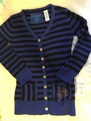 NUEVO CON ETIQUETAS ADIVINA NIÑAS/JUNIORS CÁRDIGAN A RAYAS LOGOTIPO SUÉTER CON BOTONES DORADOS Y BLING~L/14 Foto 1 de 4