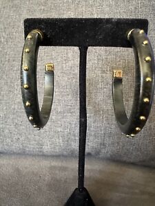Vintage Kara Earrings Black And Gold Tone Large Hoops. Pierced Wooden