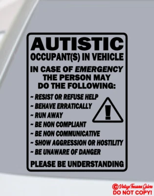 AUTISTIC OCCUPANT IN VEHICLE ~ Vinyl Decal Sticker Car Window ~ AUTISM AWARENESS - Image 1 of 2