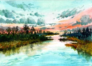 Marshland At Dusk, Marshland Art Print, Lakefront Art, Waterfront Art, Lake Art - Foto 1 di 2