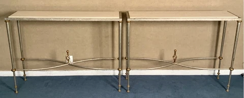 Hollywood Regency Maison Jansen Style Iron And Marble Console Tables—A Pair Cover