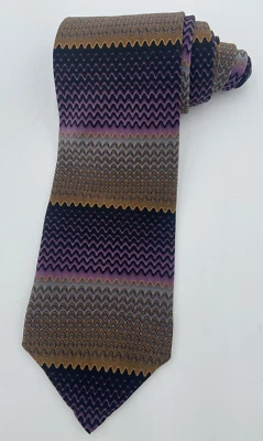 Men's Tie 100% SILK 58" Tie  Cocktail Collection Purple Black Gold Gray Waves - Image 1 of 4