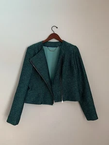 ELIE TAHARI Brenna Moto Jacket Blazer Sz XL Turquoise Teal Zippered Metallic - Picture 1 of 13