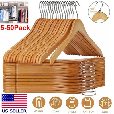 Paquete de perchas de madera 5/10/20/30/50 perchas de traje acabado natural premium hogar EE. UU. Foto 1 de 4
