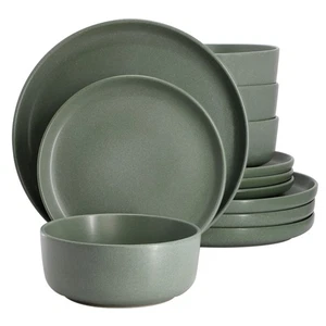 Soho Lounge Bryant Park 12 Piece Reactive Stoneware Dinnerware Set in Sage Green - Picture 1 of 7