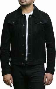 New Men's Black Suede Genuine Leather Trucker Jacket Biker Motorcycle Button - Picture 1 of 4