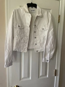 Old Navy White Denim Jean Jacket Women’s Size Small Pockets Cropped 100% Cotton - Picture 1 of 11