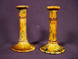 RARE 1850 BENNINGTON PAIR 6 ¾” CANDLE STICKS FLINT ENAMEL GLAZE YELLOW WARE MINT - Picture 1 of 12