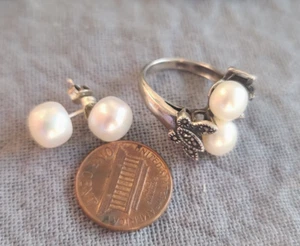 Vtg Marcasite Butterfly Double White Pearl Size 6 Sterling Silver Earrings Set - Picture 1 of 5