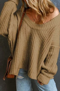 Khaki Ribbed Knit Round Neck Slouchy Chunky Sweater - Picture 1 of 8