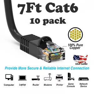 7Ft CAT6 Ethernet Cable Lan Network CAT6 Internet Modem RJ45 Patch Cord Black - Picture 1 of 3