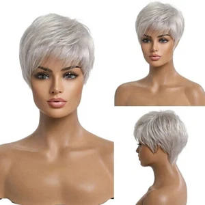 Peluca corta blanca gris para mujer recta Pixie aspecto natural sin encaje sin pegamento - Imagen 1 de 9