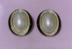 CHRISTIAN DIOR Clip On EARRINGS Black/Goldtone Faux PEARL OVAL Crystals - Picture 1 of 2
