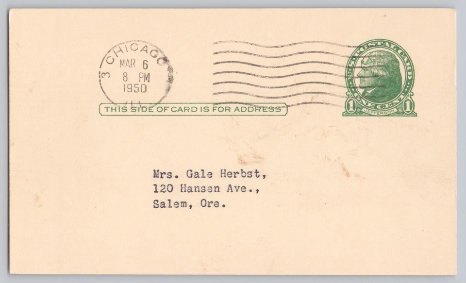 Postal Card 1950 Salem Oregon 3 Chicago Hanson-Bennett Magazine Agency - Image 1 of 2