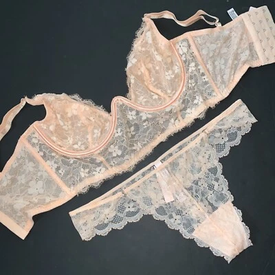 Victoria's Secret Longline sin forro 34B,34DD SUJETADOR CONJUNTO NARANJA albaricoque encaje floral Foto 1 de 4
