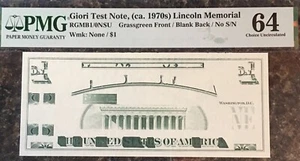 1970's $1 GIORI PRESS TEST NOTE Lincoln Memorial Green Front Blank Back PMG 64 - Picture 1 of 2
