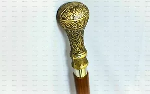 Bastone da passeggio in legno stile vintage testa ottone manico antico look vittoriano - Foto 1 di 3