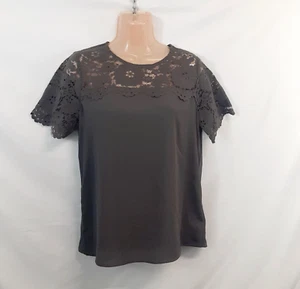Pleione Top Blouse Shirt Women Size XS Gray Round Neck Short/S Lace Chiffon - Picture 1 of 11