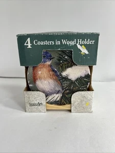 Stone Coaster Set In Wooden Case Birds Cardinal, Yellow Finch, Bluejay,& Sparrow - Picture 1 of 7