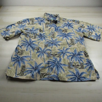 Reyn Spooner Shirt Mens Large Blue Tan Palms Hawaiian Button Up Mayan USA Made - Image 1 of 4
