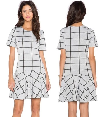 Bishop & Young 连衣裙女式小号灰色黑色格子荷叶边下摆夏洛特迷你 — 第 1/4 张图片