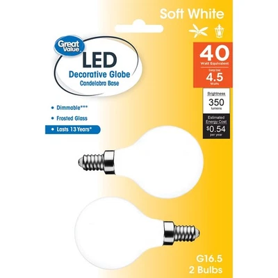 Great Value LED, 4.5W (40W Eqv) G16 Globe E12 Candelabra Base, Dimmable, 2pk - Image 1 of 4