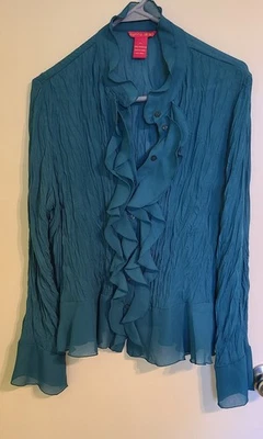 Blusa vintage Sunny Leigh tamanho XL azul-petróleo botão de babado enrugado  - Imagem 1 de 4