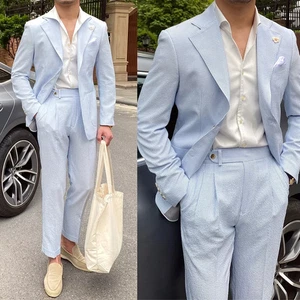 Blau Sommer Seersucker Herren Anzug Jacke Hose für Hochzeit Business Abend Party - Bild 1 von 3