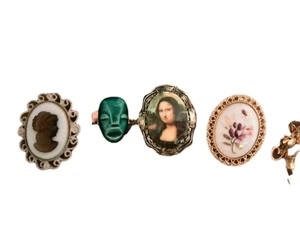 Lot Of Vintage Brooches/ Pendants 5 Hand Painted, Mona Lisa, Cameo, Art Deco - Picture 1 of 5