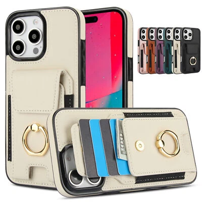 Luxury Leather Card Slot Ring Cover Case For 16 15 14 13 12 11 Pro Max XR 7 8 SE - Image 1 of 4