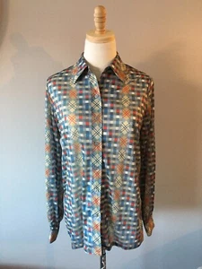 70er Puccini abstrakt karierte seidige Polyester Bluse blau weiß grau rot Gr. M neu aus altem Lagerbestand - Bild 1 von 11