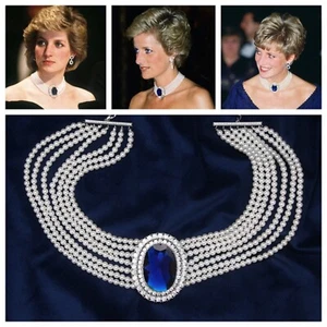 Princess Diana’s 7 Row  Shell Pearl Choker Necklace 5A CZ + Created Blue Crystal - Picture 1 of 103