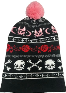 The Grave Girls Wool-Blend Black Beanie Pink Pom White Skulls+Bones, Red Roses - Picture 1 of 8