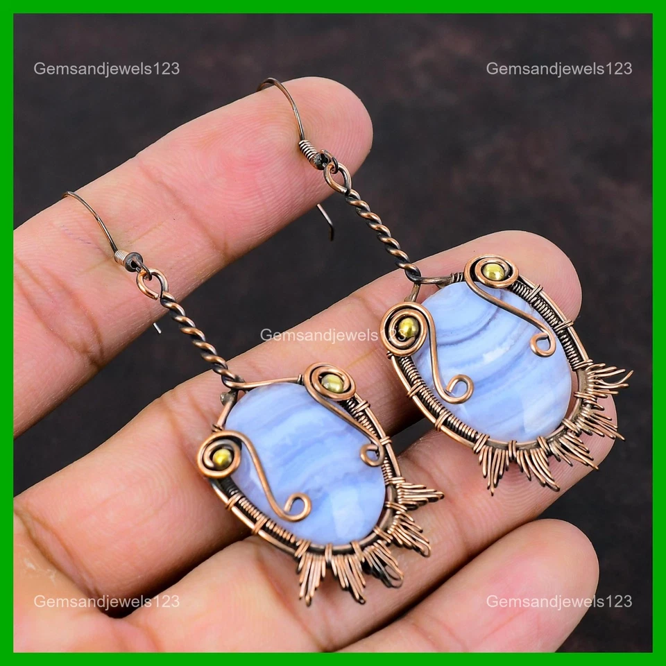 Натуральный синий кружева агата проволоки обернутый подвеской падение шикарный серьги ювелирных изделий меди - Изображение 1 из 4