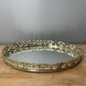 Comò ovale vintage specchiato vassoio vanità metallo tono oro filigrana 14" x 10" - Foto 1 di 16