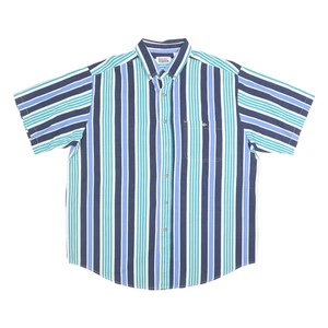 BASIC EDITIONS Mens Blue & Green Striped Button-Down Collar Shirt L Cotton Short - Picture 1 of 6