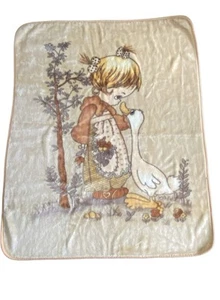 Vintage Mink Blanket Precious Moments Girl Goose Duck Cream Beige - Picture 1 of 2