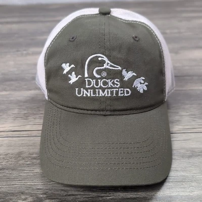 DUCKS UNLIMITED Olive Green White Hat  Mesh Back Adjustable Hunting NEW - Image 1 of 4