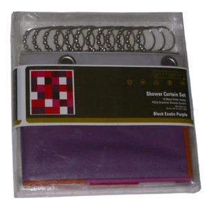 Juego de cortinas y ganchos de ducha de vinilo a cuadros Get It Together rosa púrpura naranja bloque - Imagen 1 de 1