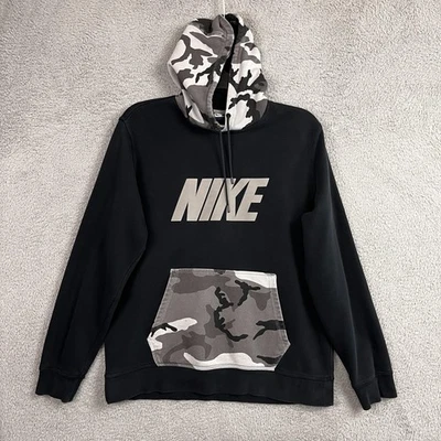 Nike Hoodie Mens XL Faded Black Gray Camo Hood Big Logo & Pocket Fleece Pullover - Image 1 of 4