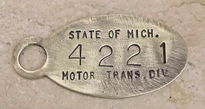 Vtg Brass Key Fob Tag: STATE OF MICHIGAN; MOTOR TRANSPORTATION DIVISION #4221 - Picture 1 of 1