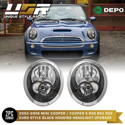DEPO Black Headlights Pair For 2005-2008 Mini Cooper R50 R52 R53 Halogen Model - Image 1 of 4