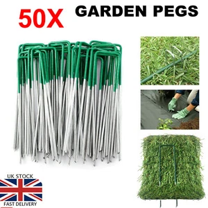 50 U PINS PEGS GREEN CHROME ARTIFICIAL GRASS TURF WEED GALVANISED METAL STAPLES - Picture 1 of 12