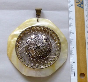 OOAK Vintage Huge 5" Sterling & Mother of Pearl Artisan Made Necklace Pendant - Picture 1 of 8