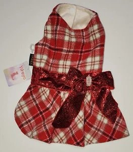 Yikeyo Sm Dog or Cat Christmas Dress Red and White Fleece Plaid w/ Red Bow NWT - Picture 1 of 6