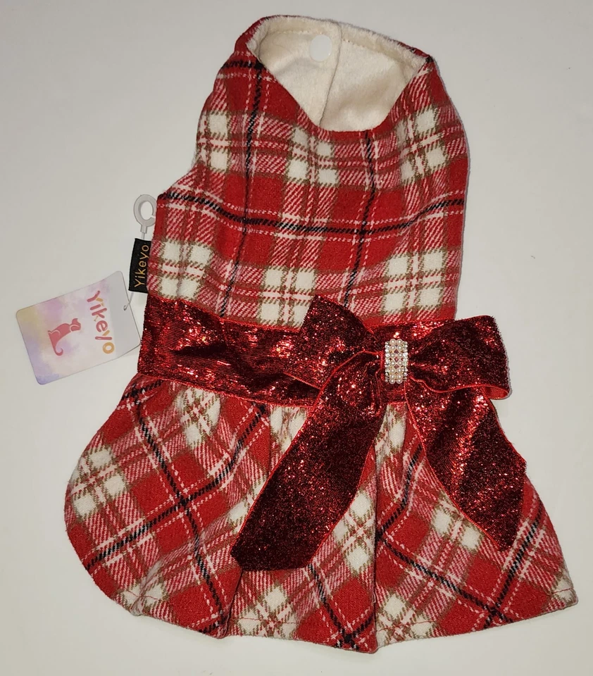 Yikeyo Sm Dog or Cat Christmas Dress Red and White Fleece Plaid w/ Red Bow NWT - Image 1 of 4