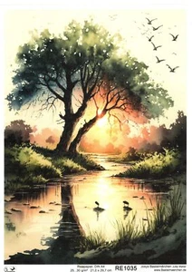 Reispapier A4 Strohseide Decoupage Eiche Bach Wiese Sonnenuntergang RE1035 - Bild 1 von 1