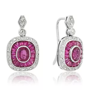 Art Deco Ruby & Lab Created Diamond Wedding 14K White Gold Finish Drop Earrings - Picture 1 of 6