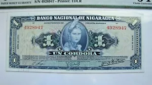 Nicaragua P99a Un Cordoba Serie 1953 PMG 64 EPQ - Foto 1 di 3